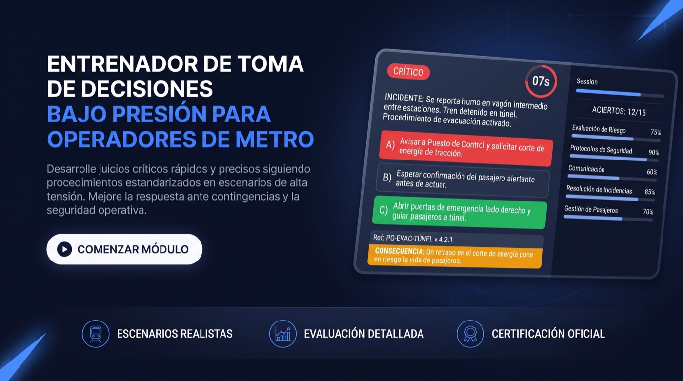 Pantalla del simulador durante una decisión crítica: temporizador en cuenta regresiva, tres opciones de respuesta, referencia al procedimiento y el impacto operacional del error, junto al desglose de aciertos por categoría.